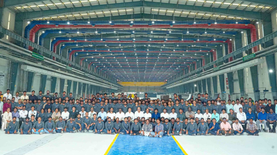 Employees inside Vayona Energy's blade manufacturing facility in Nellore, Andhra Pradesh, where production for the company's 3X wind turbine platform has commenced.