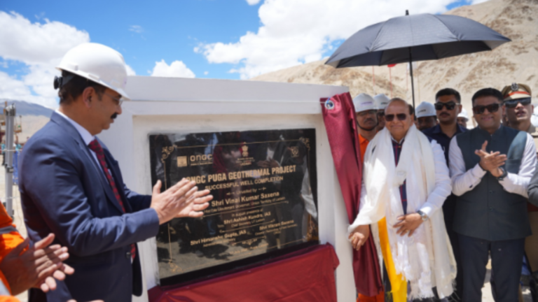 Officials and project personnel gather at the Puga Geothermal Project site in Ladakh during the unveiling of a commemorative plaque marking the completion of geothermal wells GT#02 and GT#03.