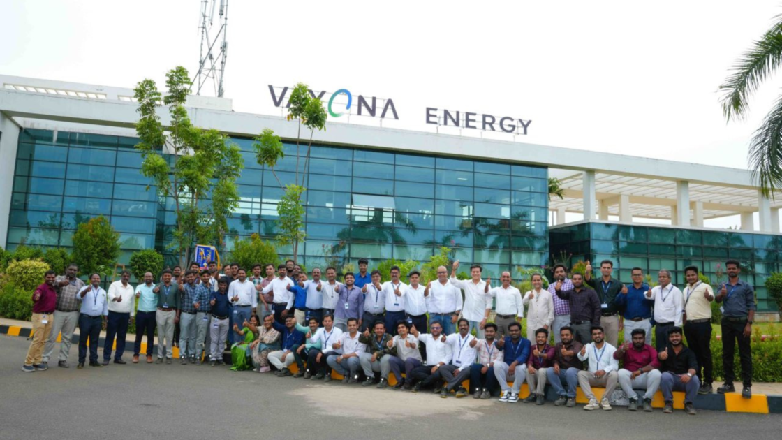 Employees gather outside Vayona Energy's Nellore manufacturing facility in Andhra Pradesh following the commencement of blade manufacturing operations.