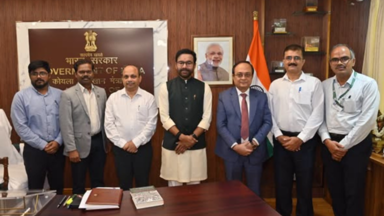 Union Minister for Coal and Mines G. Kishan Reddy with officials from NALCO and NLC India Limited after the signing of the joint venture agreement for the 1,080 MW captive thermal power project at Angul, Odisha, in New Delhi.