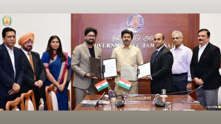 Tamil Nadu Chief Minister Thiru C. Joseph Vijay stands with Vikram Solar representatives after exchanging an MoU to establish a Battery Energy Storage System (BESS) manufacturing facility in Gangaikondan, Tirunelveli district.