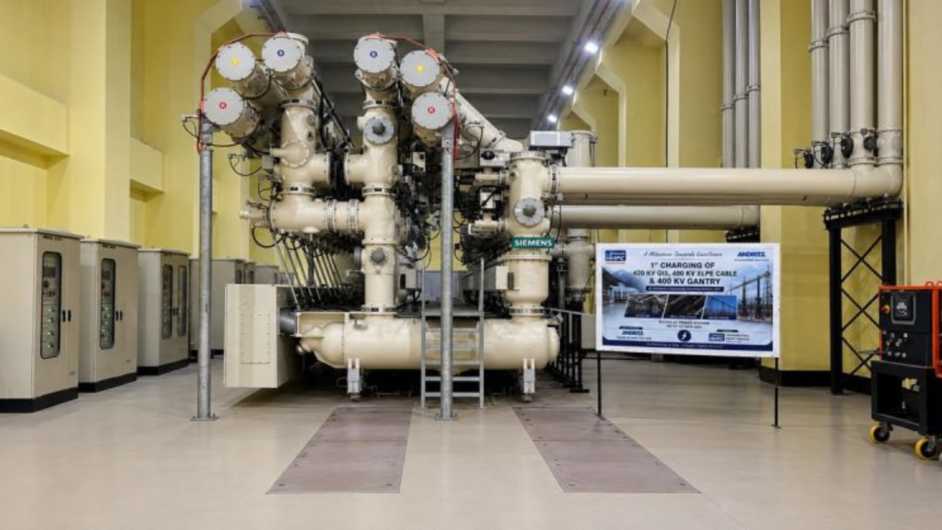Interior view of the 420 kV Gas Insulated Switchgear (GIS) hall at NHPC's 510 MW Teesta-V Hydroelectric Project in Sikkim.