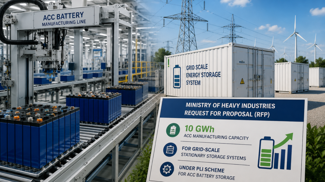 Illustration of an Advanced Chemistry Cell battery manufacturing facility and grid-scale battery energy storage systems under India's ACC PLI scheme.