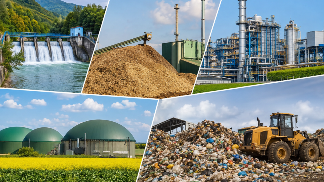 Hydropower dam, biomass power plant, industrial facility, biogas digesters, and municipal waste-to-energy site.