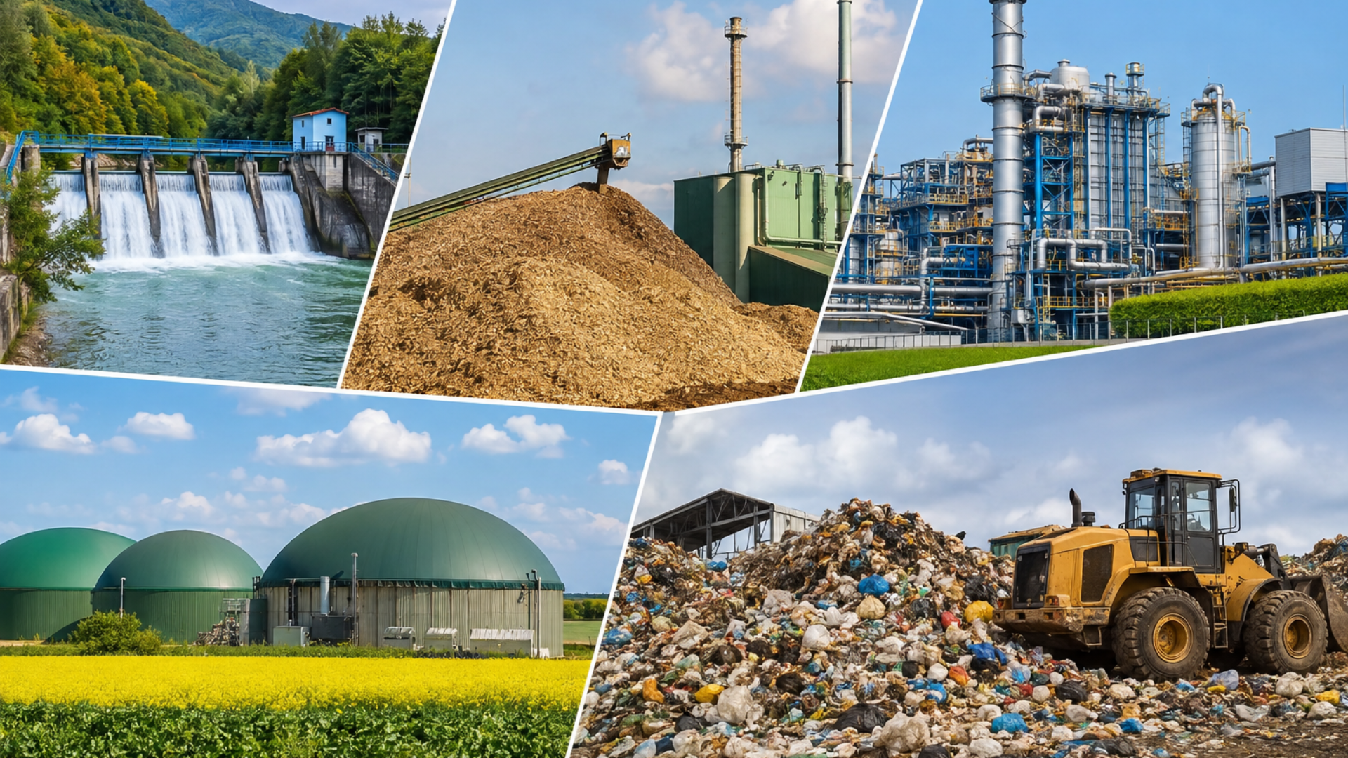 Hydropower dam, biomass power plant, industrial facility, biogas digesters, and municipal waste-to-energy site.